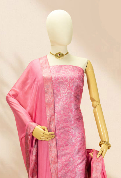 Light Pink Modal Silk 3-Piece Suit – Kurta, Crepe Pant & Chinon Dupatta