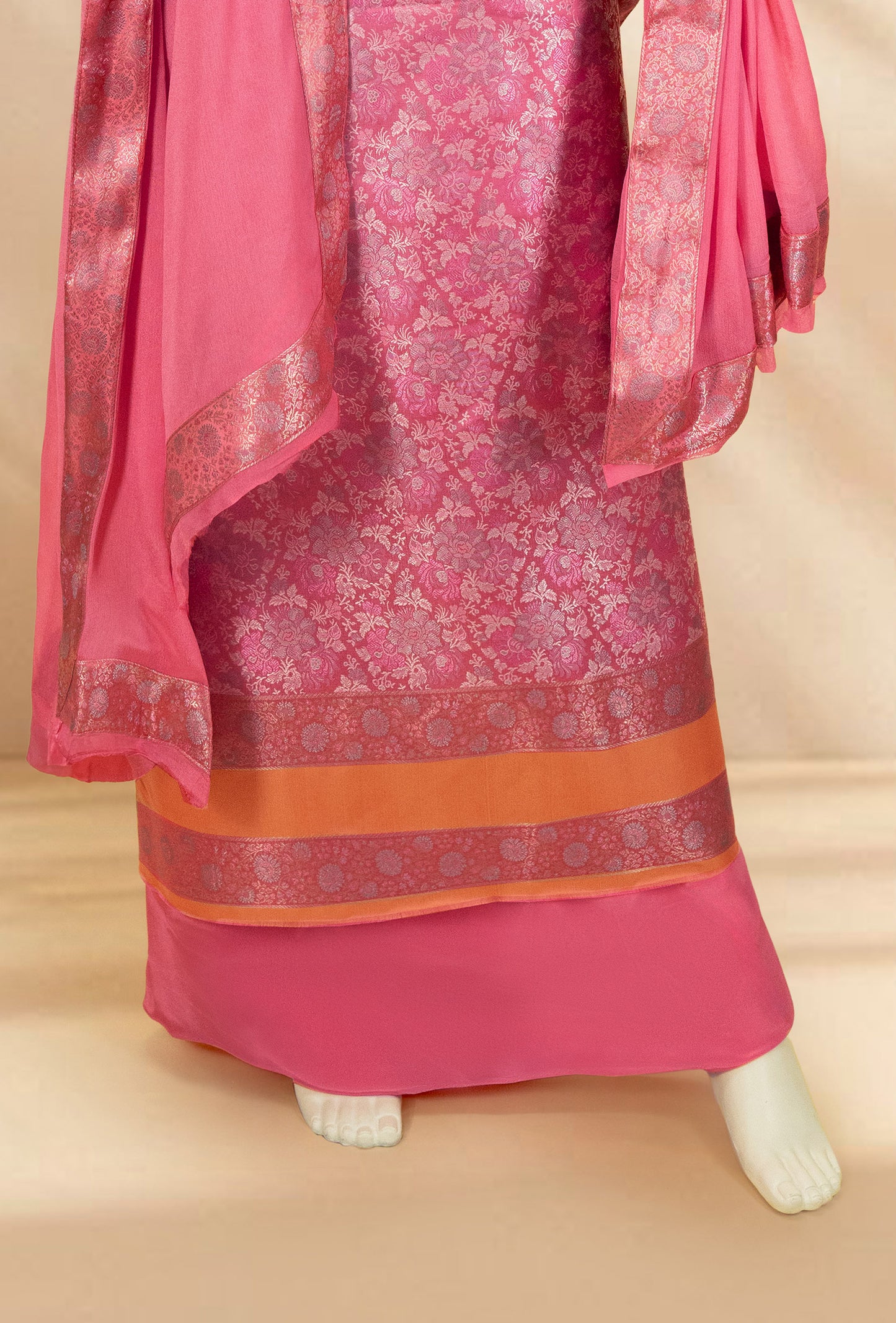 Light Pink Modal Silk 3-Piece Suit – Kurta, Crepe Pant & Chinon Dupatta
