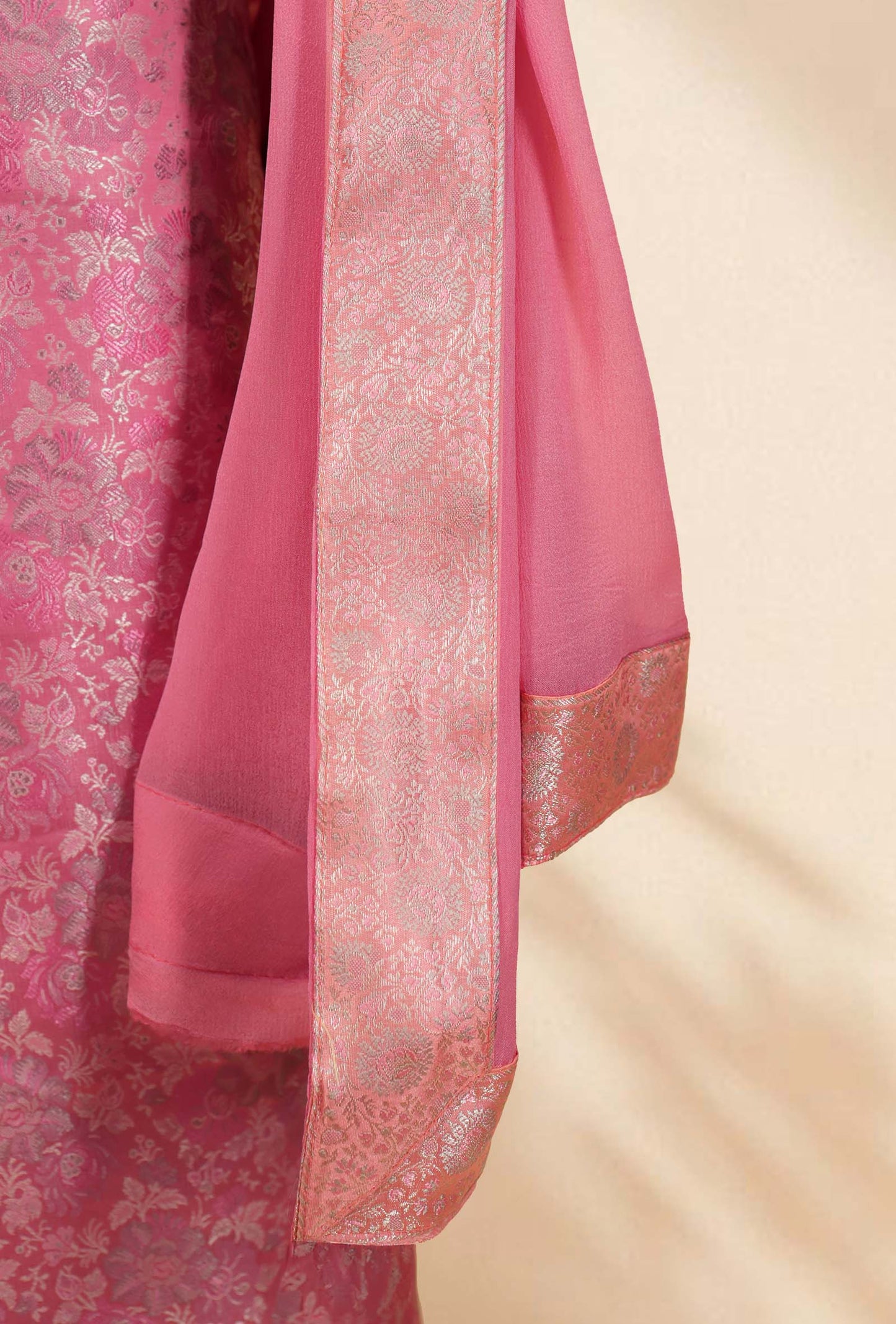 Light Pink Modal Silk 3-Piece Suit – Kurta, Crepe Pant & Chinon Dupatta