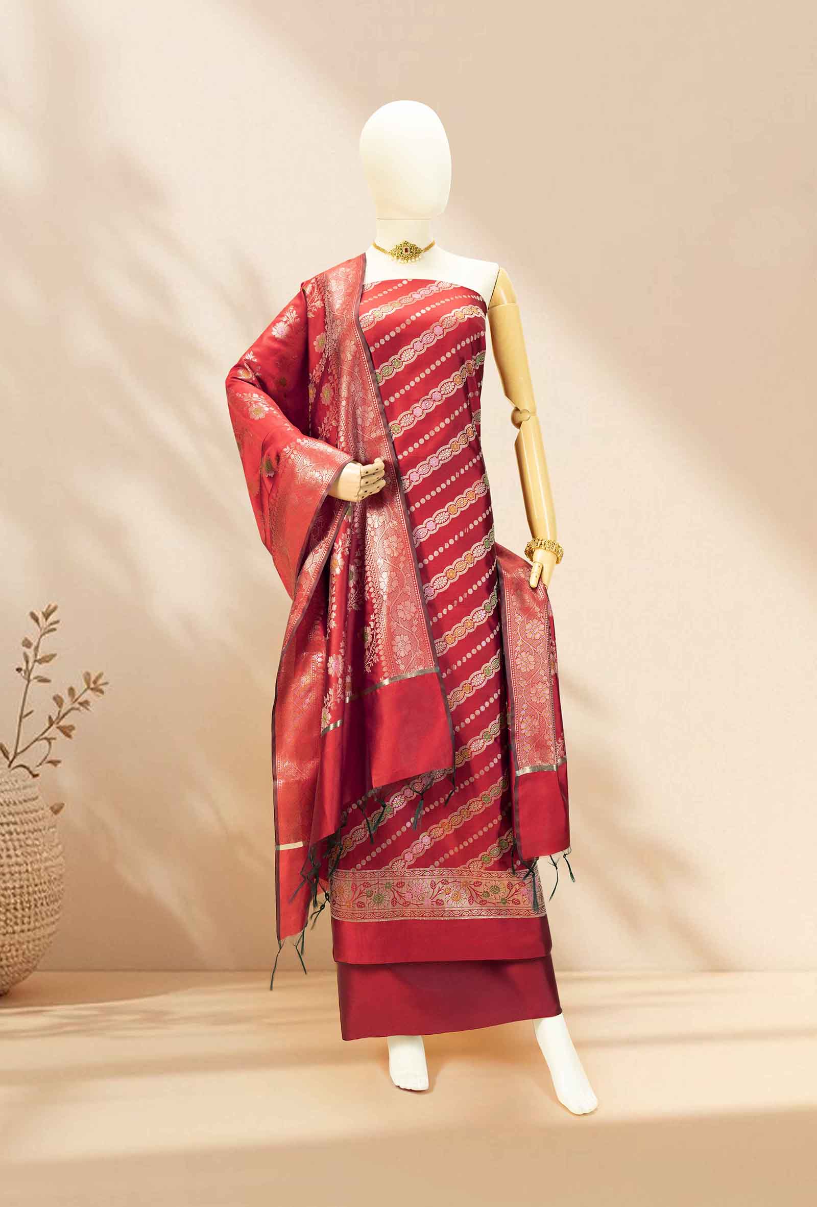 Red Royal Banarasi Silk 3-Piece Suit – Kurta, Pure Silk Pant & Dupatta