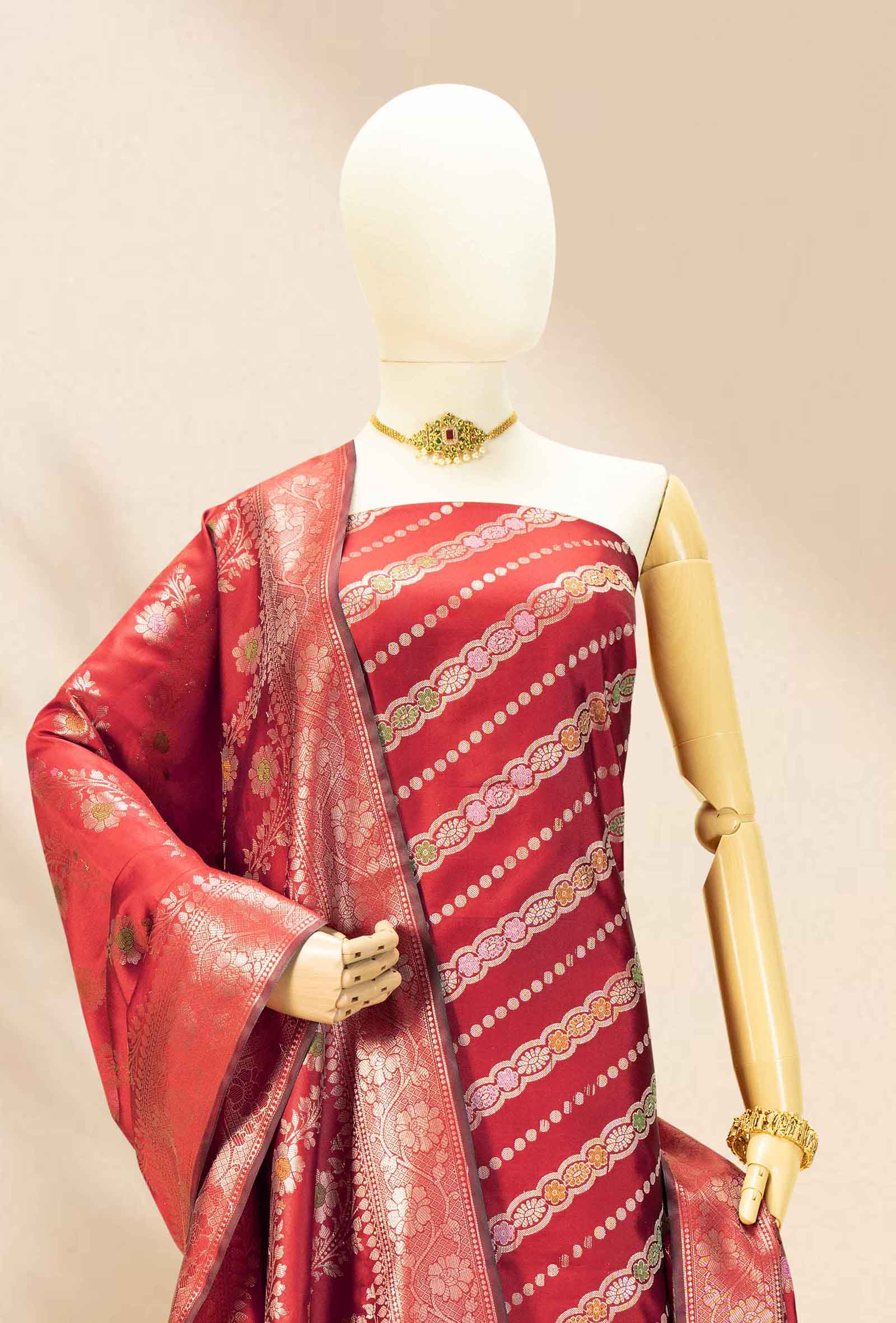 Red Royal Banarasi Silk 3-Piece Suit – Kurta, Pure Silk Pant & Dupatta