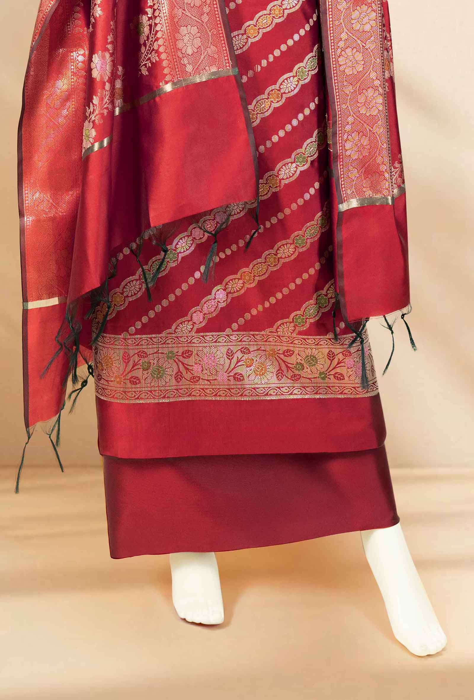 Red Royal Banarasi Silk 3-Piece Suit – Kurta, Pure Silk Pant & Dupatta