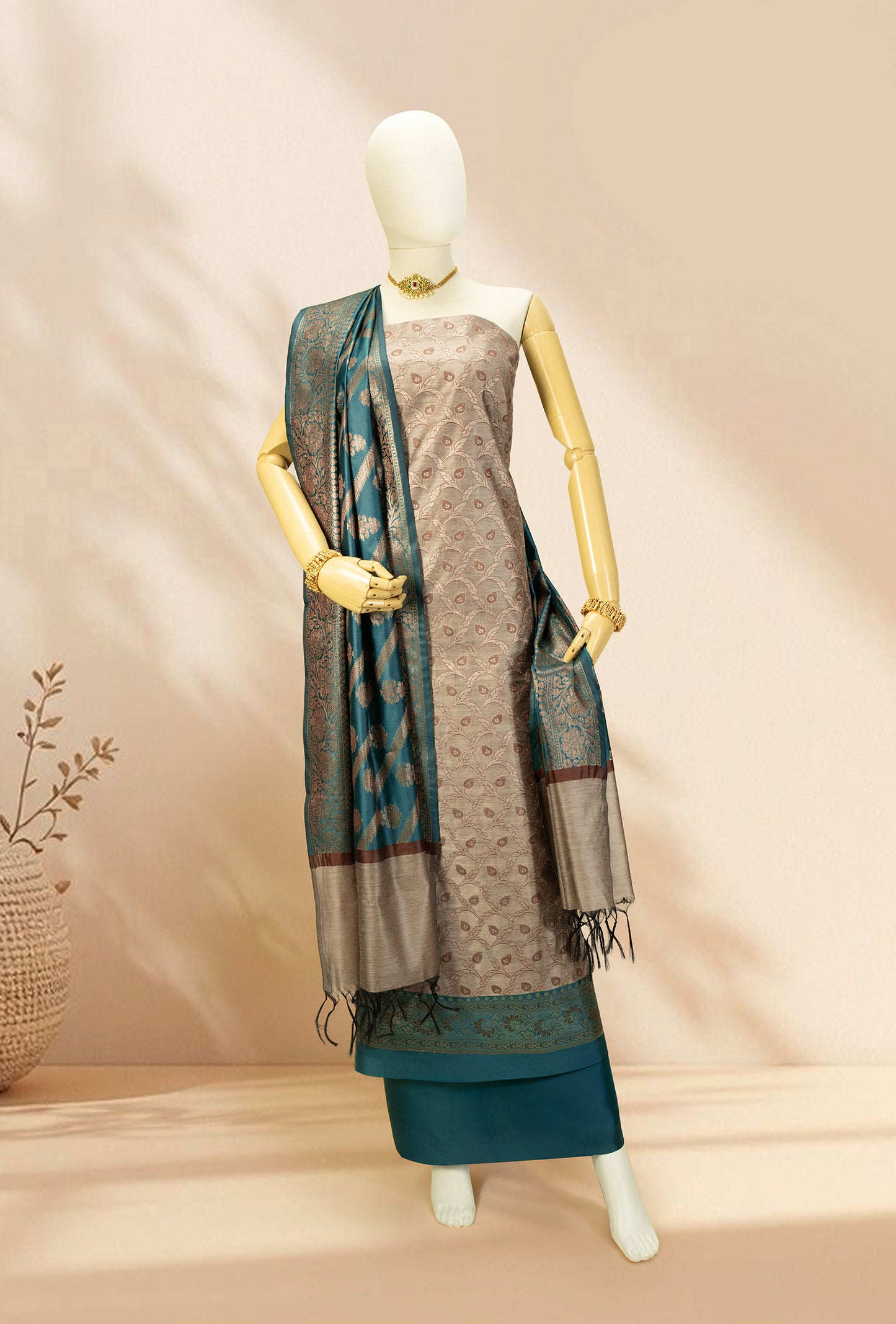 Peacock Green & Khaki Banarasi Silk 3-Piece Suit – Kurta, Pure Silk Pant & Dupatta