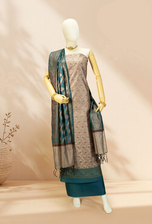 Peacock Green & Khaki Banarasi Silk 3-Piece Suit – Kurta, Pure Silk Pant & Dupatta