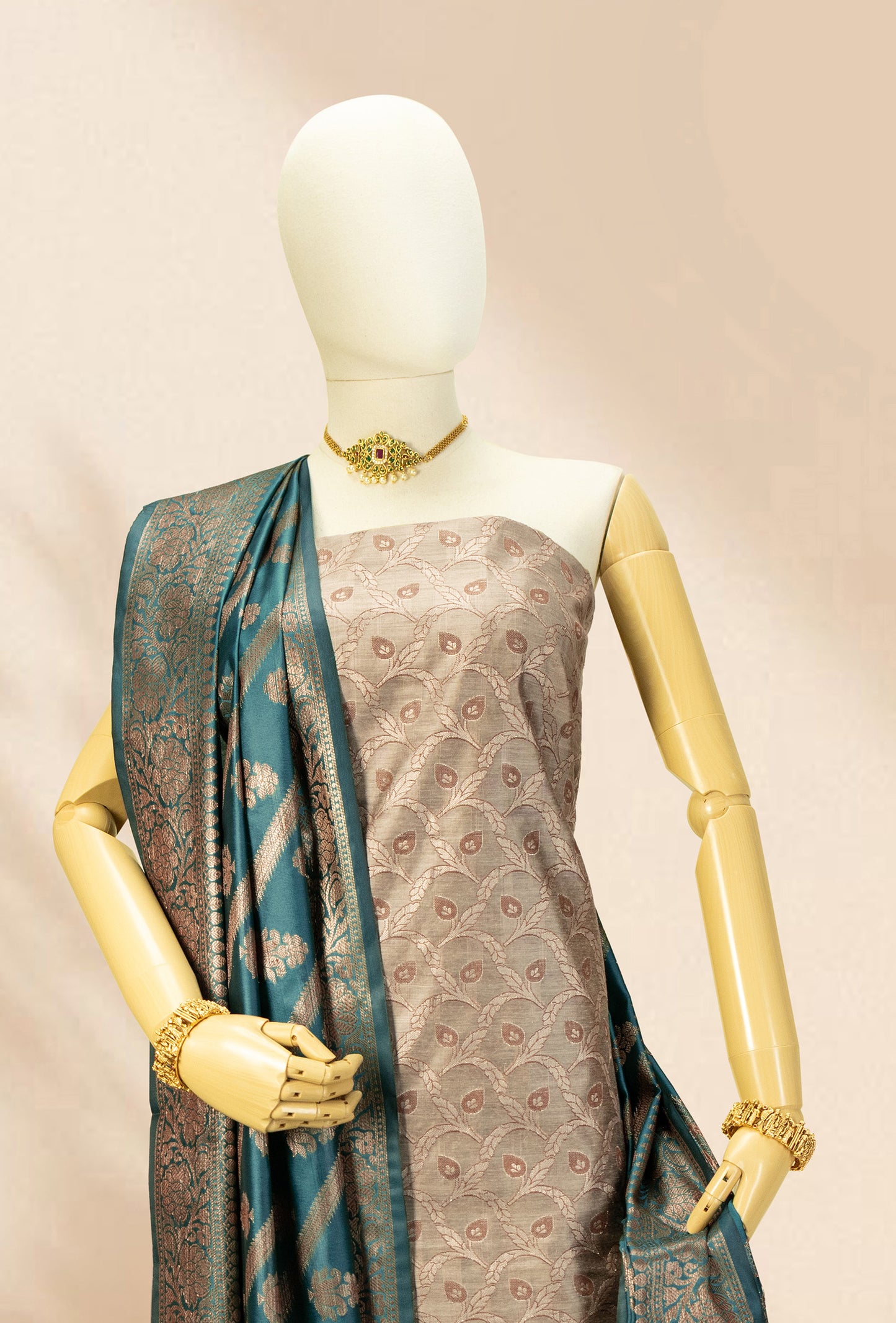 Peacock Green & Khaki Banarasi Silk 3-Piece Suit – Kurta, Pure Silk Pant & Dupatta