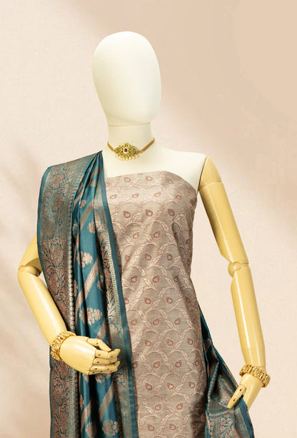 Peacock Green & Khaki Banarasi Silk 3-Piece Suit – Kurta, Pure Silk Pant & Dupatta