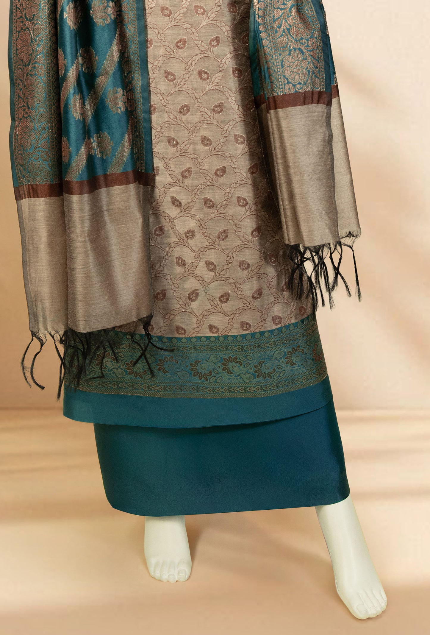 Peacock Green & Khaki Banarasi Silk 3-Piece Suit – Kurta, Pure Silk Pant & Dupatta