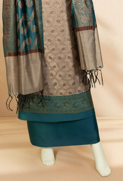 Peacock Green & Khaki Banarasi Silk 3-Piece Suit – Kurta, Pure Silk Pant & Dupatta