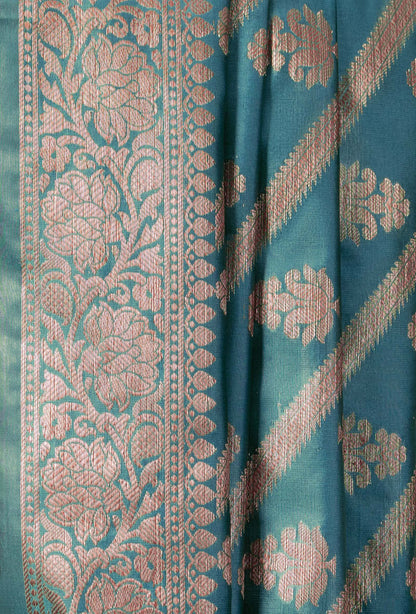 Peacock Green & Khaki Banarasi Silk 3-Piece Suit – Kurta, Pure Silk Pant & Dupatta