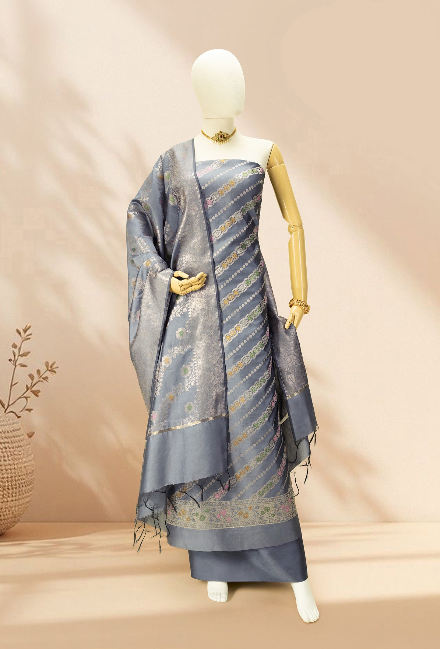 Grey & Green Banarasi Silk 3-Piece Suit Set
