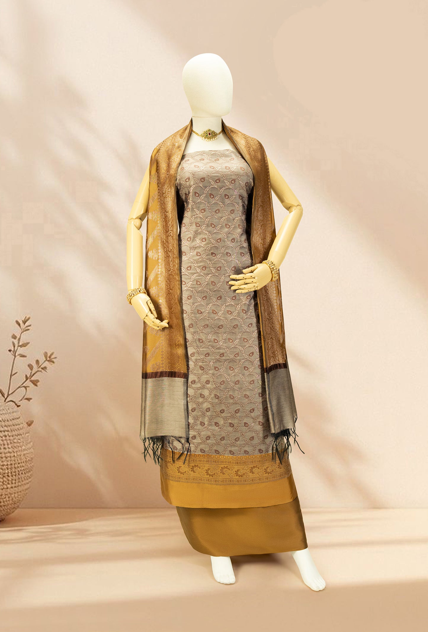 Khaki & Mustard Banarasi Silk Suit Piece