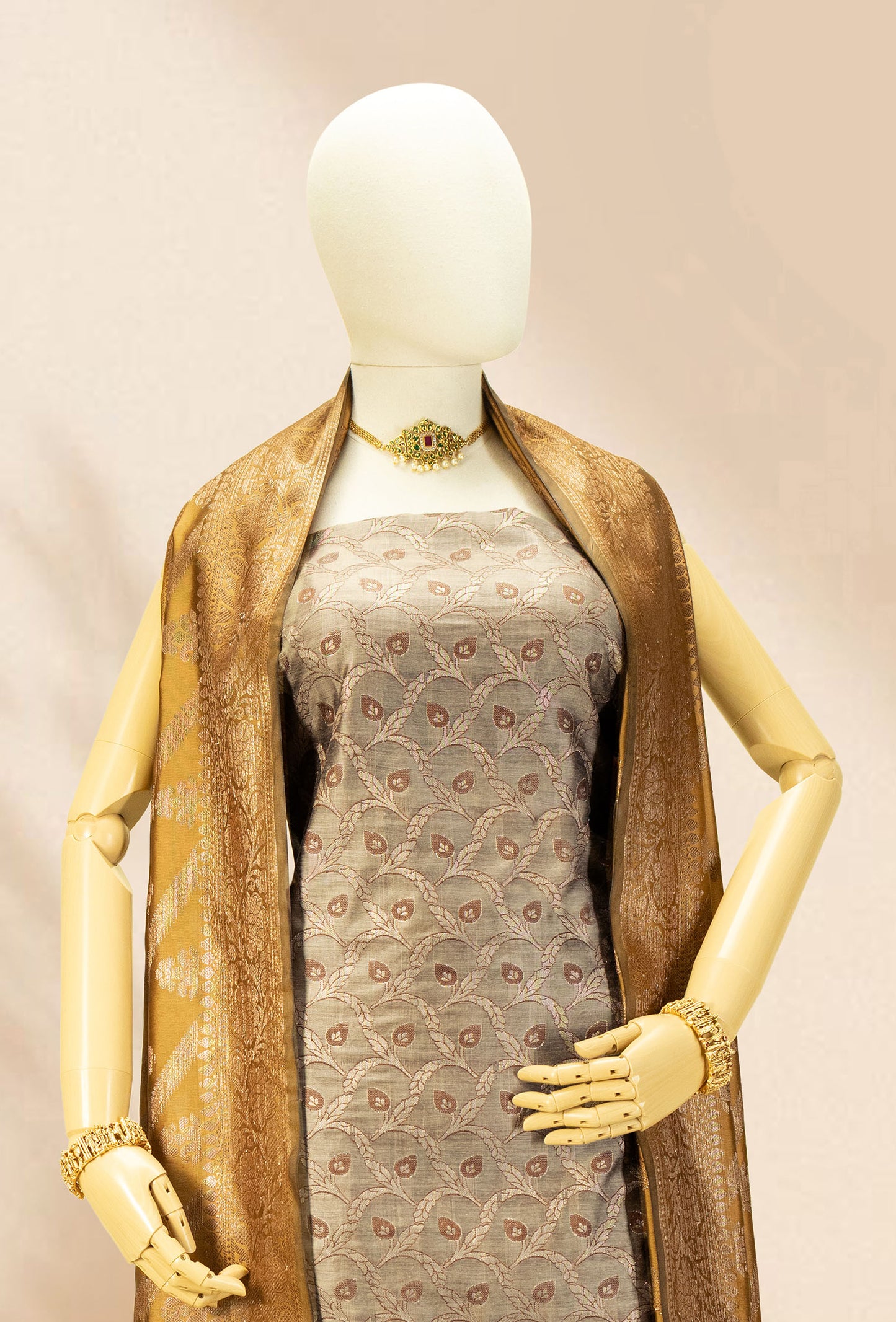 Khaki & Mustard Banarasi Silk Suit Piece