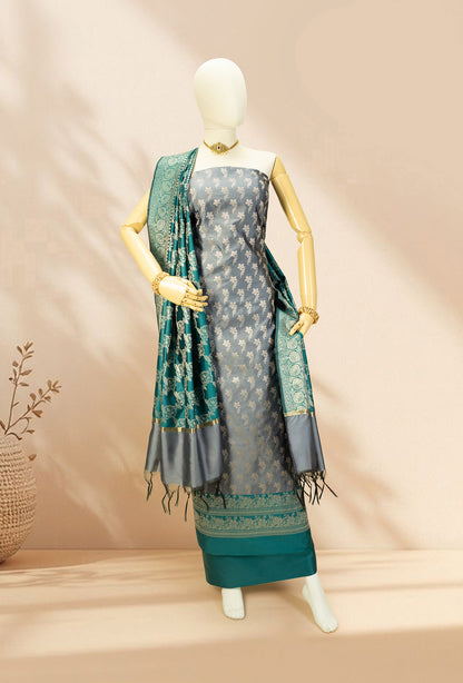 Grey & Green Banarasi Silk 3-Piece Suit – Kurta, Pure Silk Pant & Dupatta