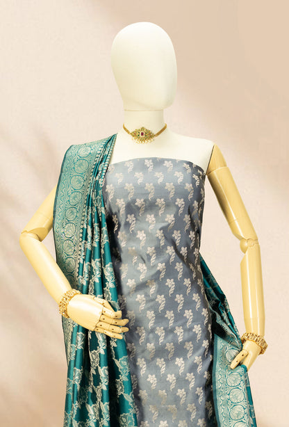 Grey & Green Banarasi Silk 3-Piece Suit – Kurta, Pure Silk Pant & Dupatta