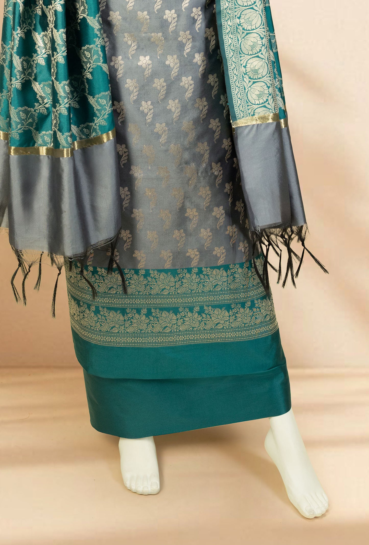 Grey & Green Banarasi Silk 3-Piece Suit – Kurta, Pure Silk Pant & Dupatta