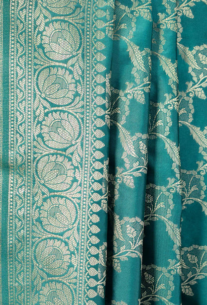 Grey & Green Banarasi Silk 3-Piece Suit – Kurta, Pure Silk Pant & Dupatta