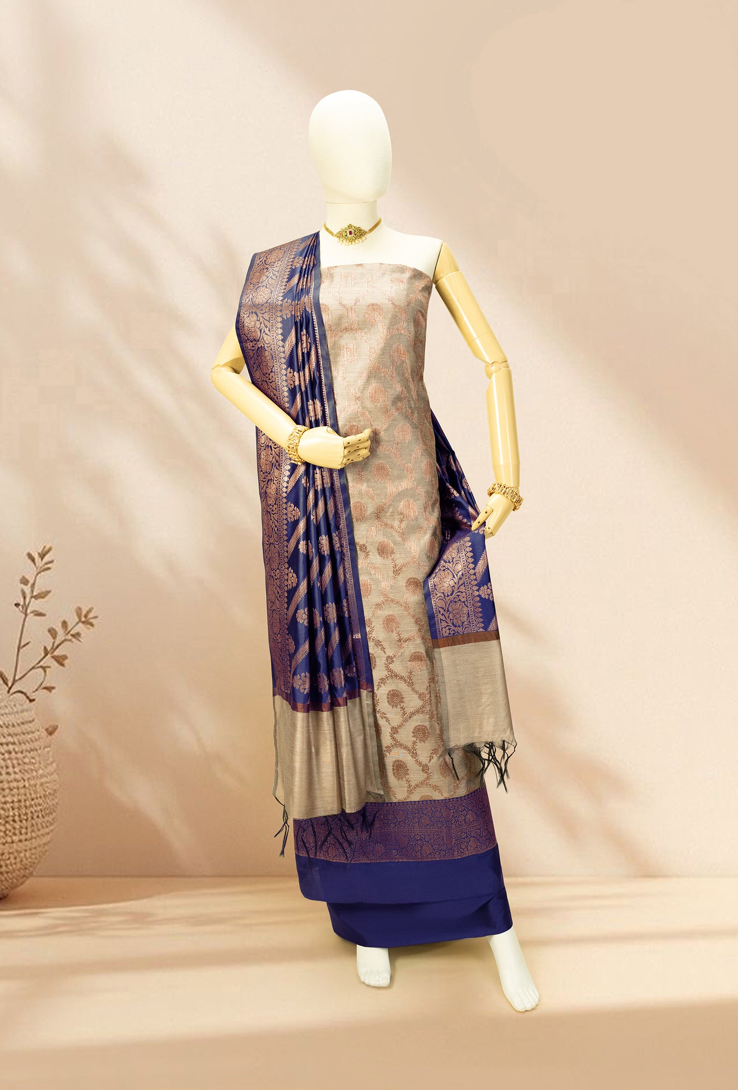 Navy Blue & Khaki Banarasi Silk Suit Set – Kurta, Pure Silk Pant & Dupatta