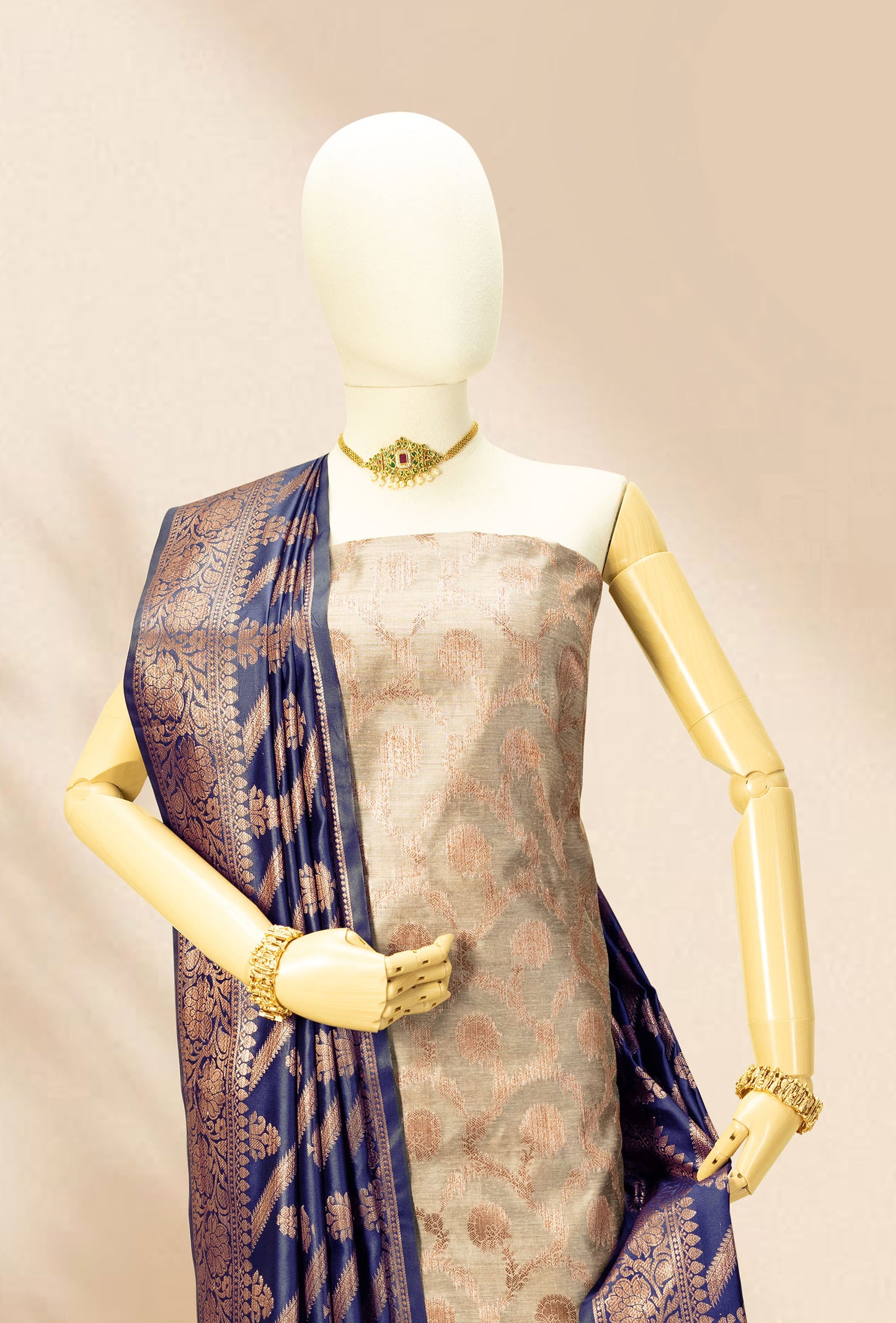 Navy Blue & Khaki Banarasi Silk Suit Set – Kurta, Pure Silk Pant & Dupatta