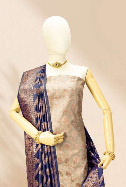 Navy Blue & Khaki Banarasi Silk Suit Set – Kurta, Pure Silk Pant & Dupatta