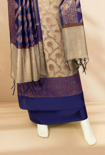 Navy Blue & Khaki Banarasi Silk Suit Set – Kurta, Pure Silk Pant & Dupatta