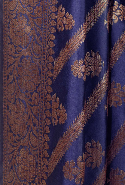 Navy Blue & Khaki Banarasi Silk Suit Set – Kurta, Pure Silk Pant & Dupatta