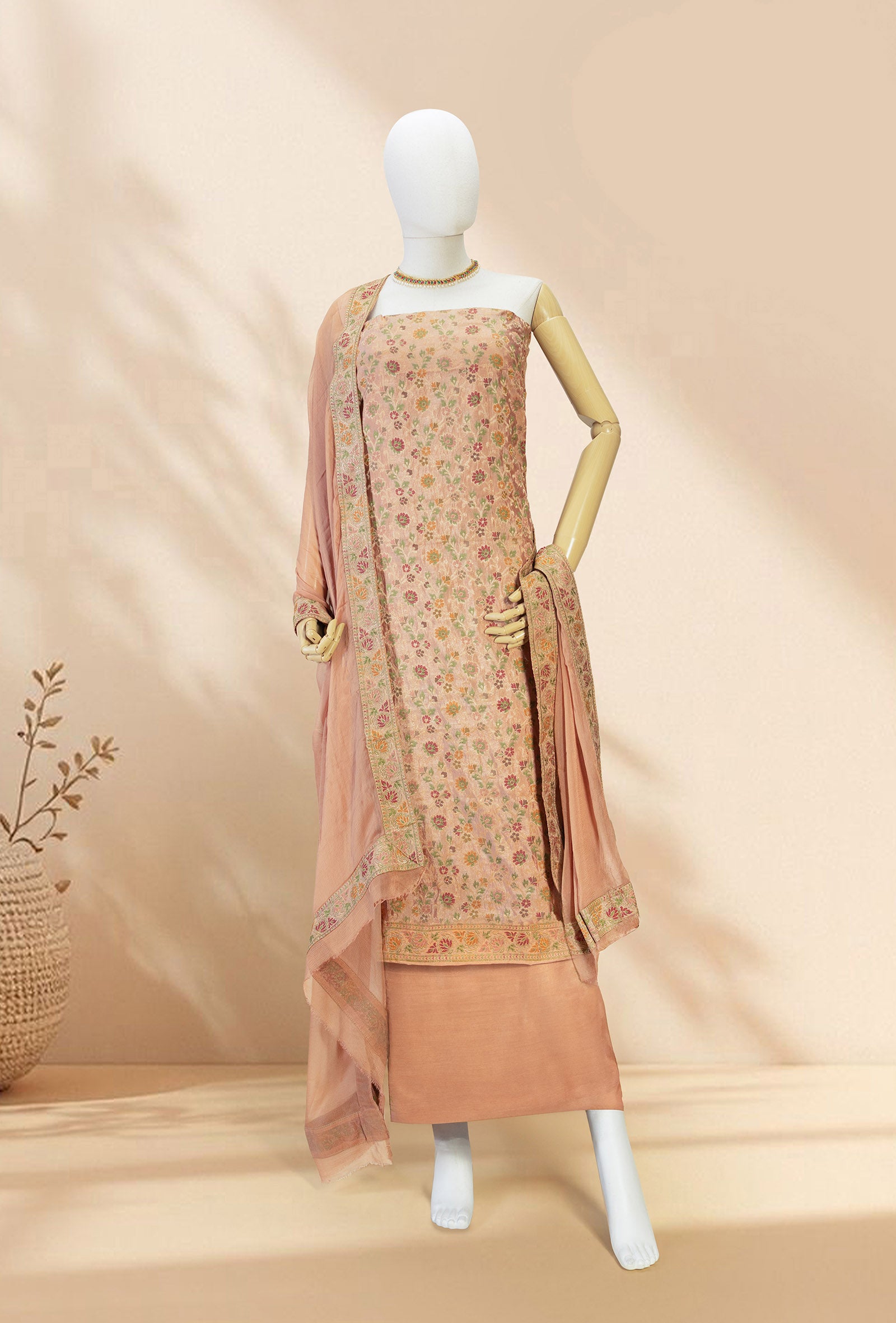 Dusty Brown Chanderi Cotton 3-Piece Suit – Kurta, Pant & Dupatta