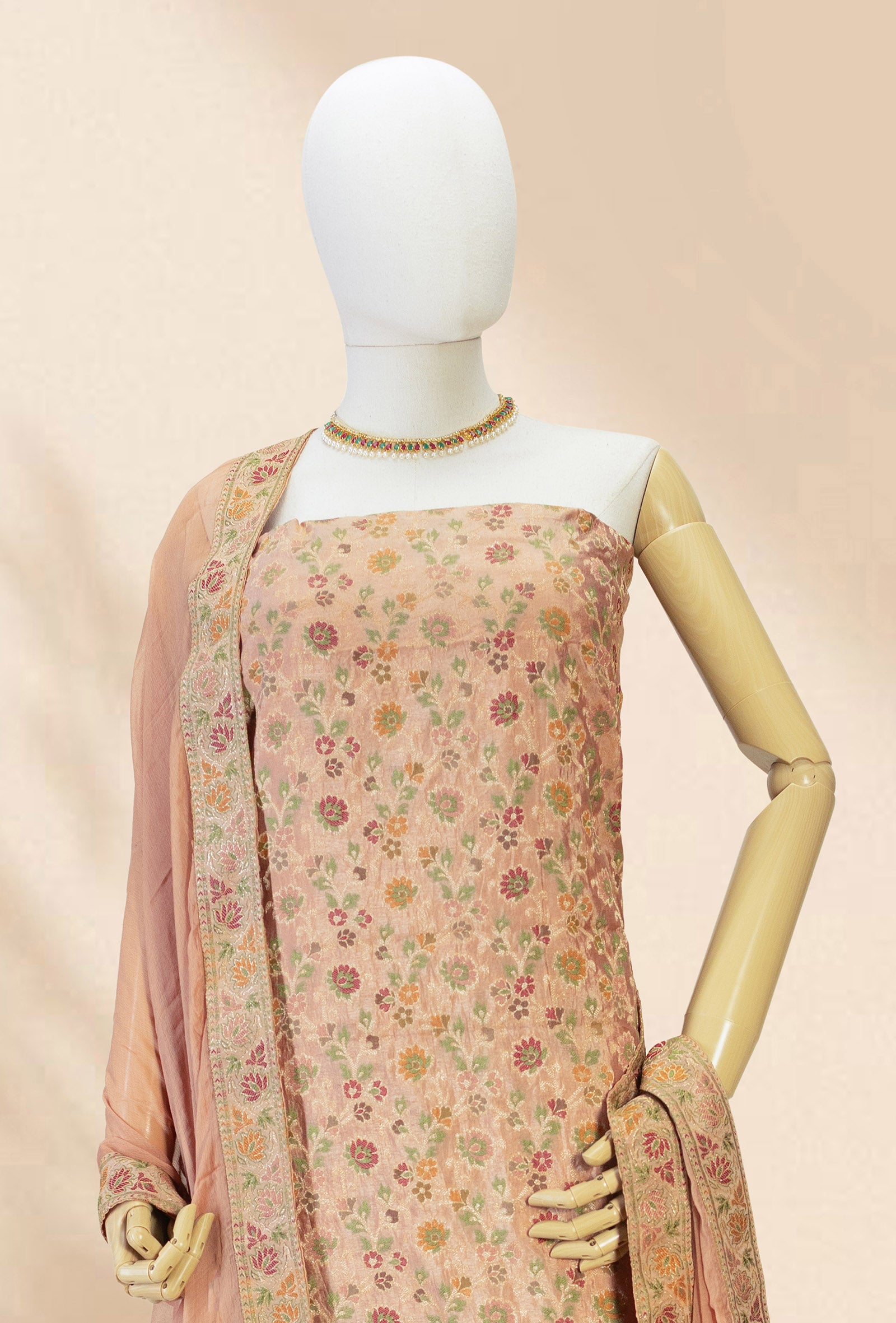 Dusty Brown Chanderi Cotton 3-Piece Suit – Kurta, Pant & Dupatta