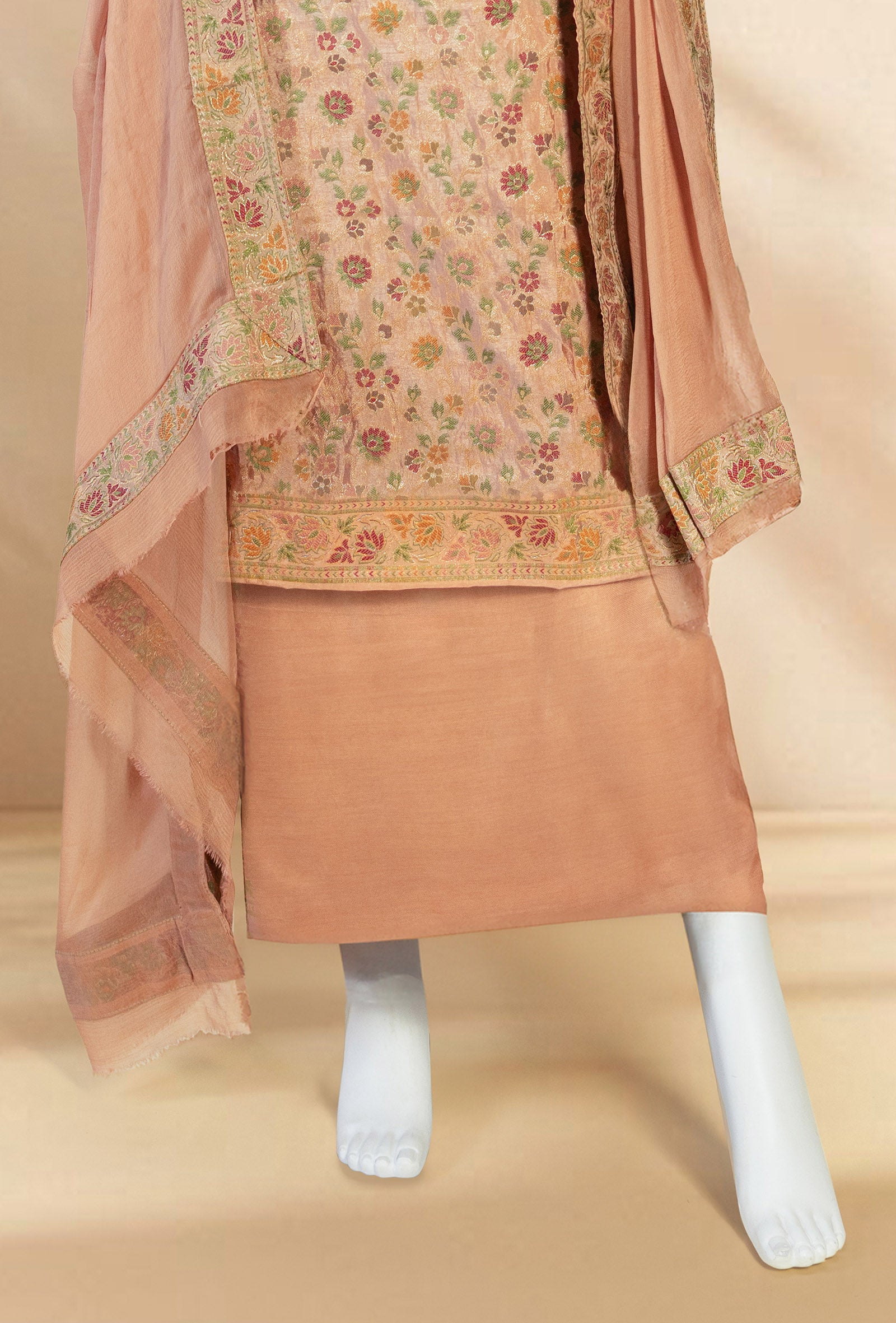 Dusty Brown Chanderi Cotton 3-Piece Suit – Kurta, Pant & Dupatta