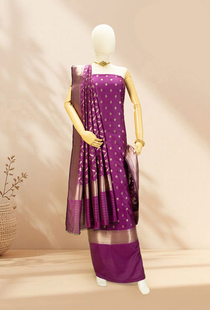 Purple Banarasi Silk 3-Piece Suit – Kurta, Pure Silk Pant & Dupatta