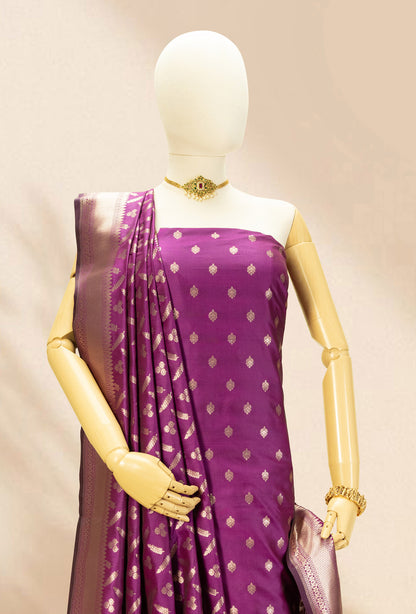 Purple Banarasi Silk 3-Piece Suit – Kurta, Pure Silk Pant & Dupatta