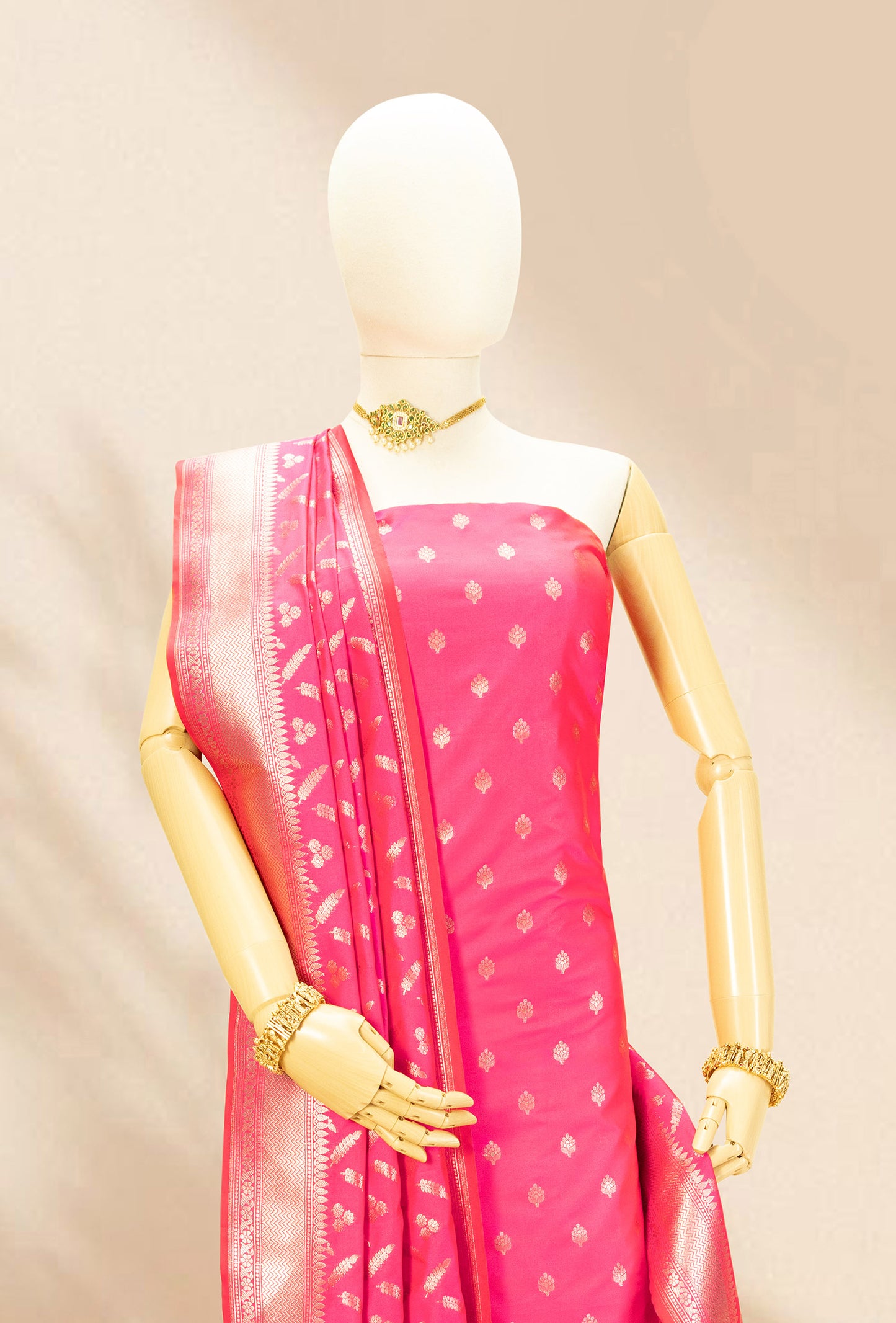 Two Tone Neon Pink Banarasi Silk 3-Piece Suit