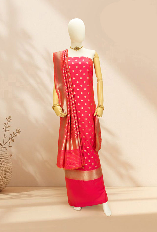 Banarasi Silk 3-Piece Suit with Two Tone Neon Pink
