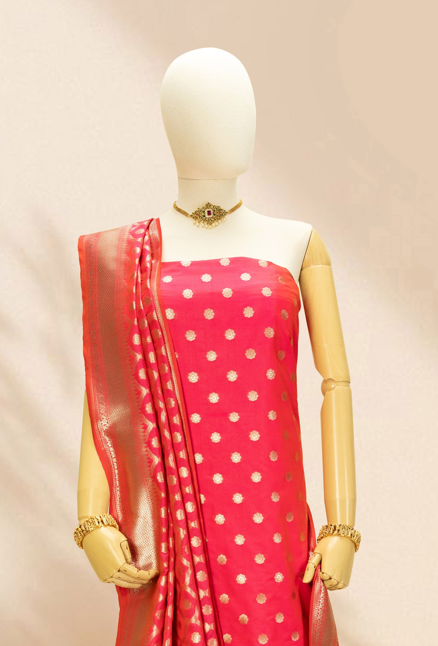 Banarasi Silk 3-Piece Suit with Two Tone Neon Pink