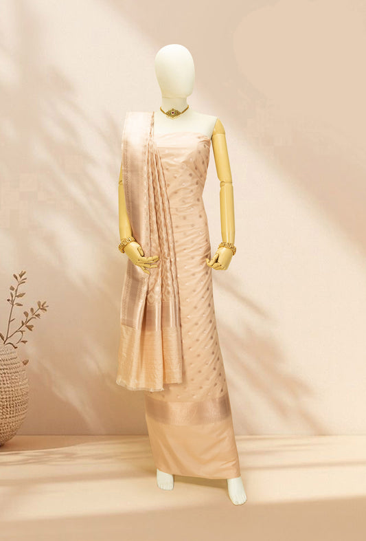 Beige Banarasi Silk Suit Set – Kurta, Pure Silk Pant & Dupatta