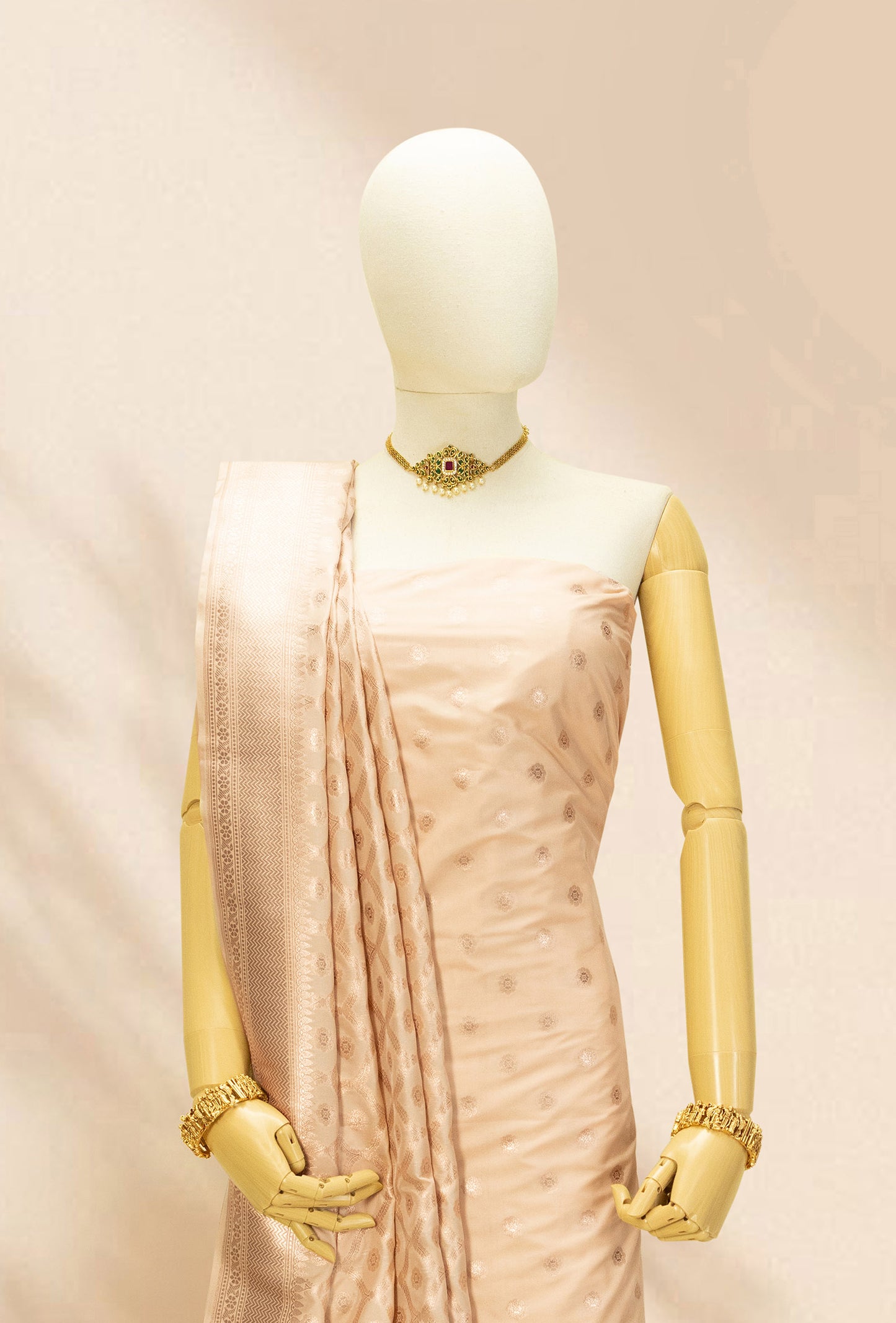Beige Banarasi Silk Suit Set – Kurta, Pure Silk Pant & Dupatta