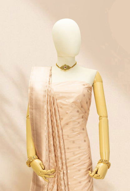 Beige Banarasi Silk Suit Set – Kurta, Pure Silk Pant & Dupatta