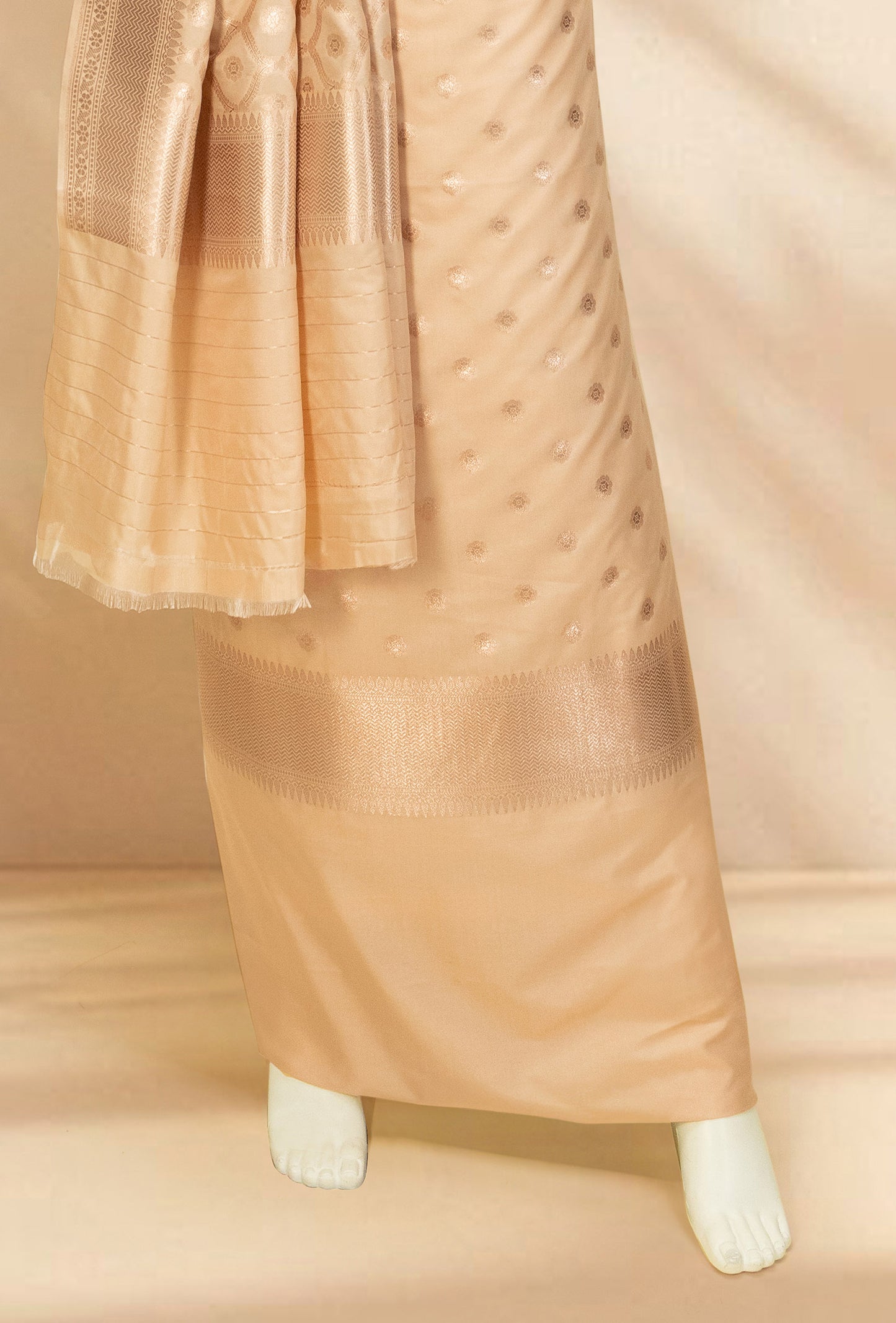 Beige Banarasi Silk Suit Set – Kurta, Pure Silk Pant & Dupatta