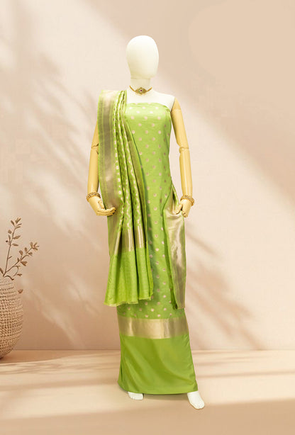 Parrot Green Banarasi Silk 3-Piece Suit – Kurta, Pure Silk Pant & Dupatta