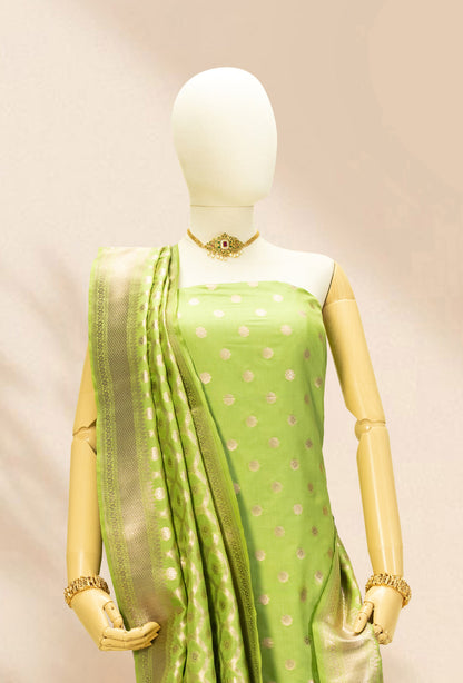 Parrot Green Banarasi Silk 3-Piece Suit – Kurta, Pure Silk Pant & Dupatta