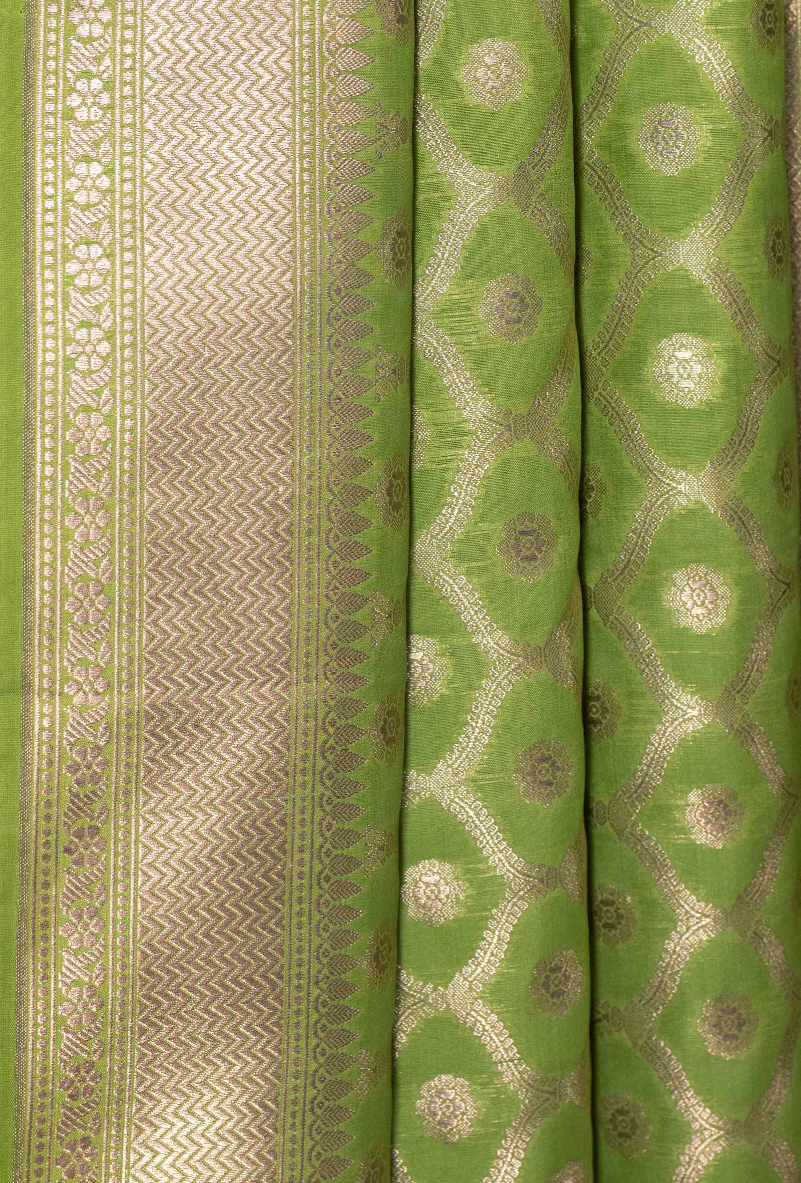 Parrot Green Banarasi Silk 3-Piece Suit – Kurta, Pure Silk Pant & Dupatta