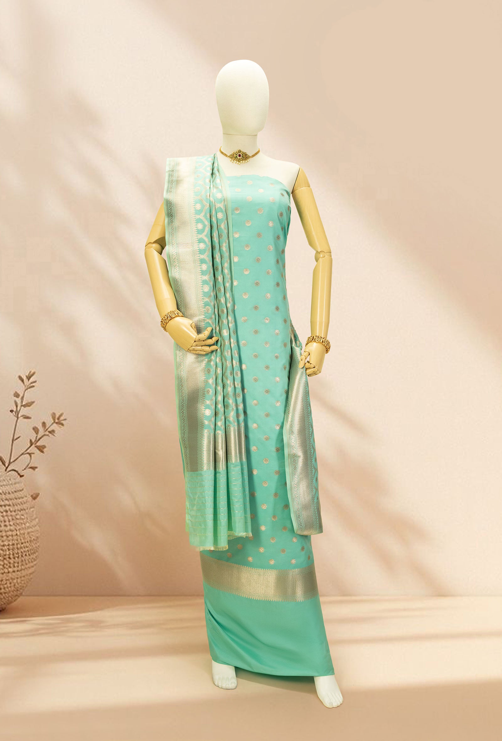 Sea Green Banarasi Silk 3-Piece Suit