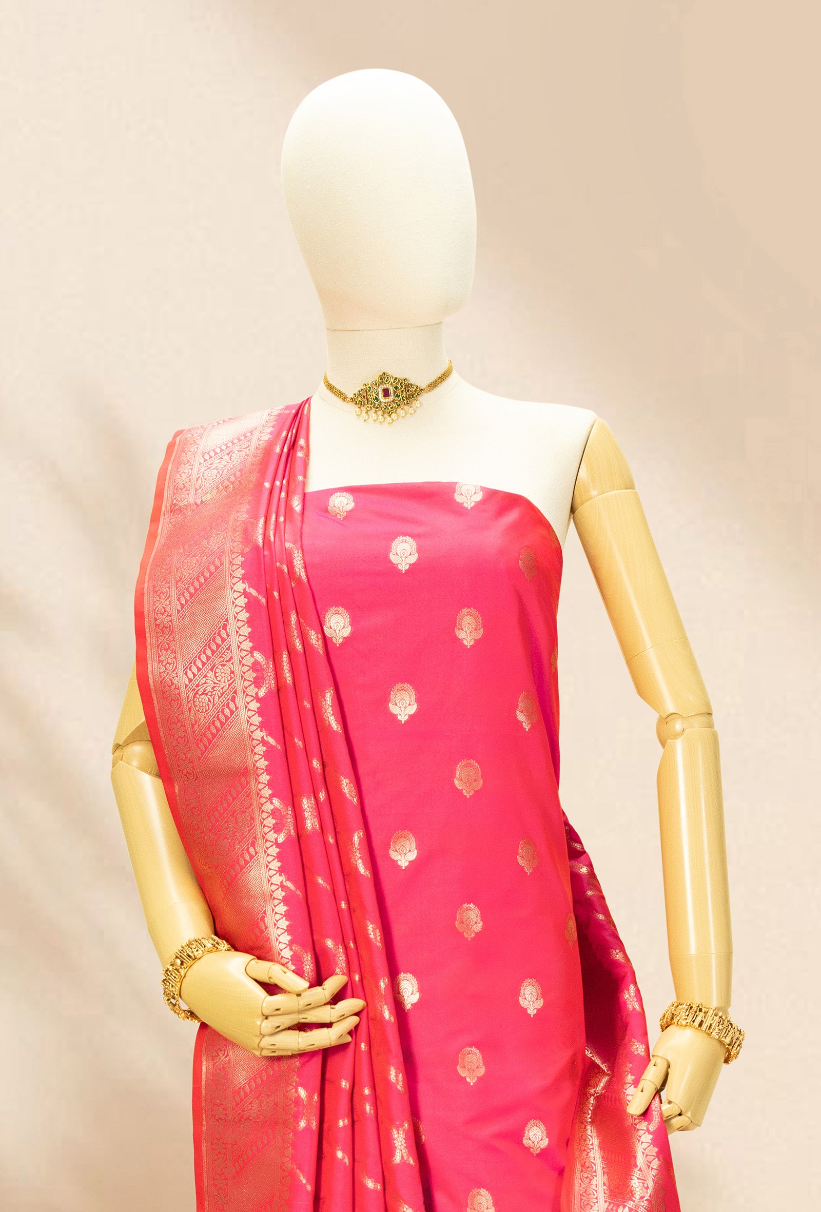 Two Tone Neon Pink Banarasi Silk 3-piece set