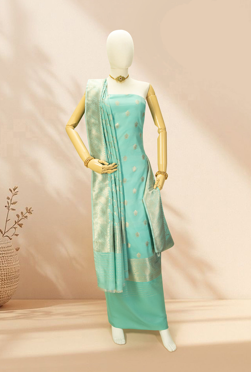 Sea Green Banarasi Silk 3-Piece Suit – Kurta, Pure Silk Pant & Dupatta