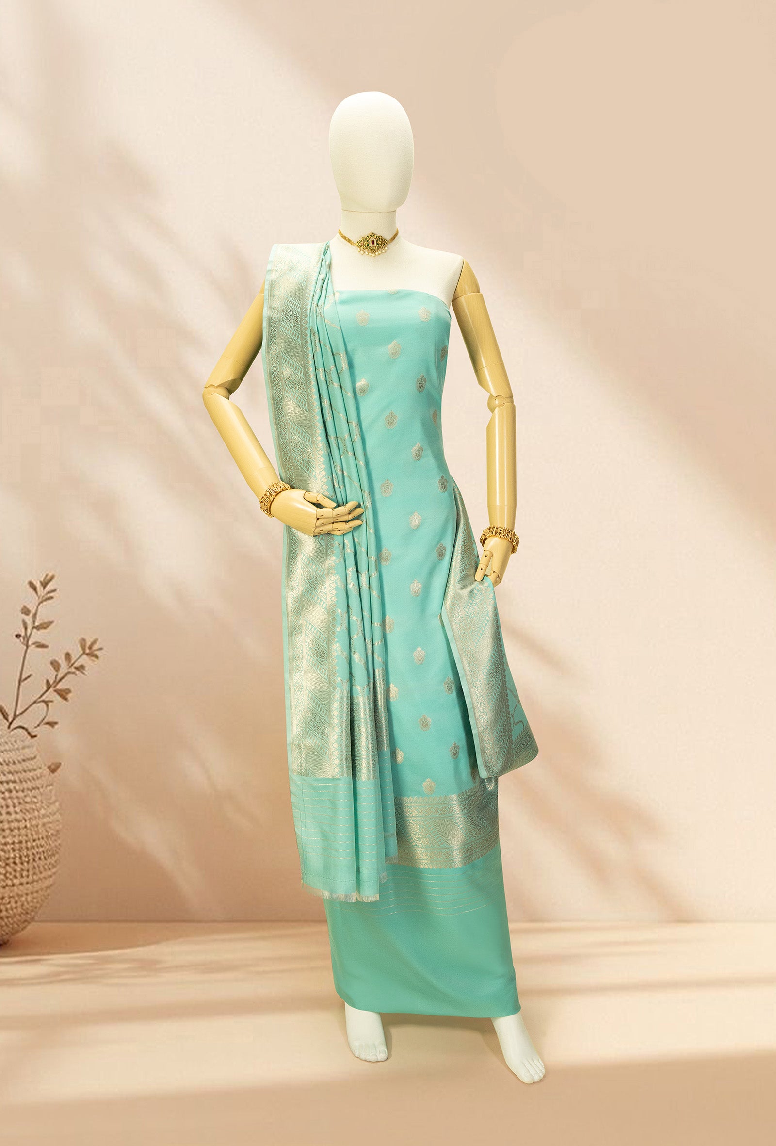 Sea Green Banarasi Silk 3-Piece Suit – Kurta, Pure Silk Pant & Dupatta