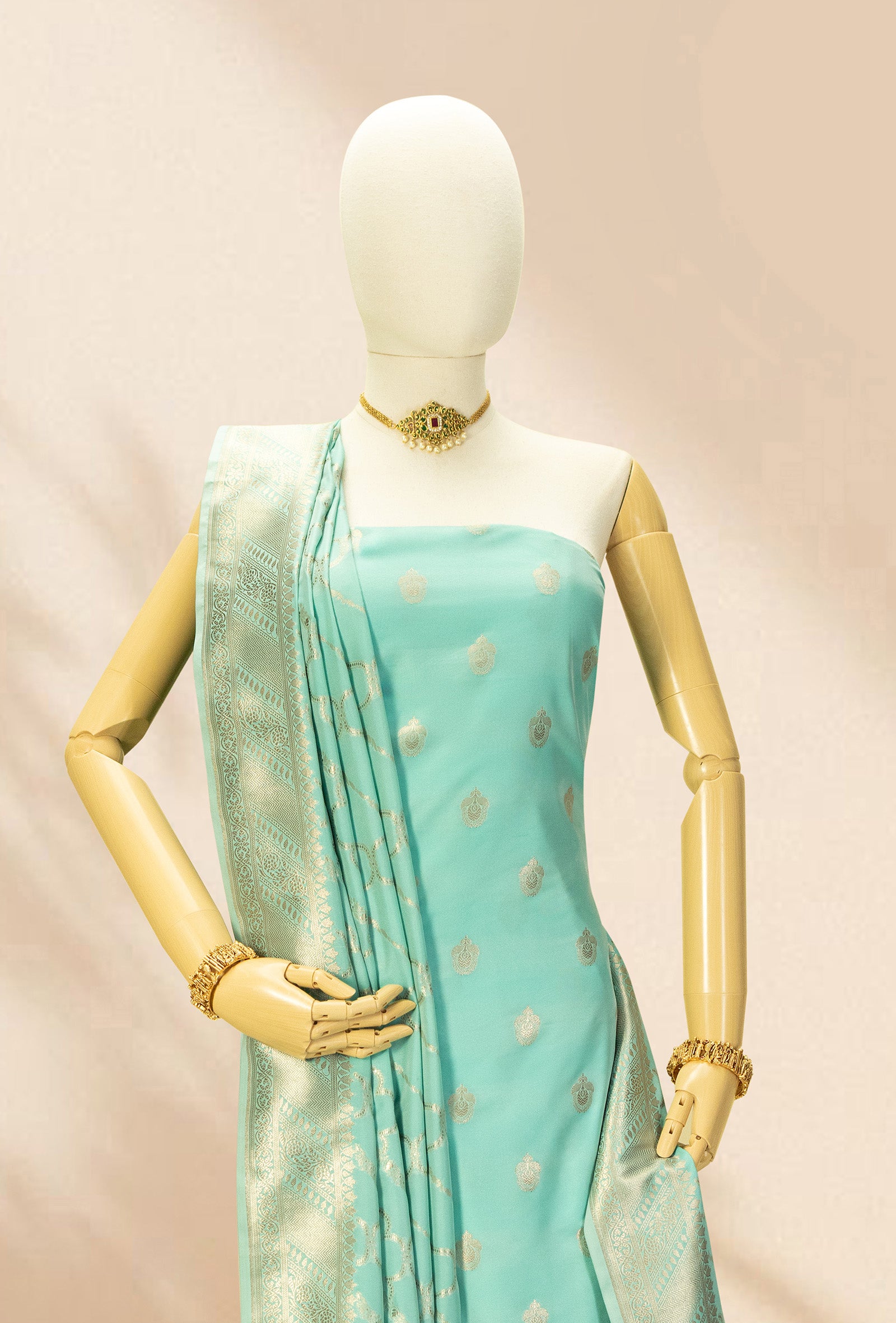 Sea Green Banarasi Silk 3-Piece Suit – Kurta, Pure Silk Pant & Dupatta