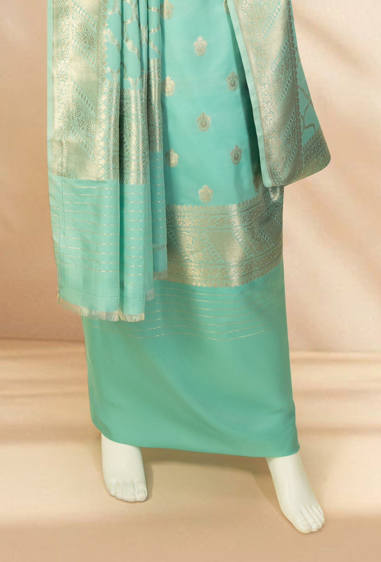 Sea Green Banarasi Silk 3-Piece Suit – Kurta, Pure Silk Pant & Dupatta