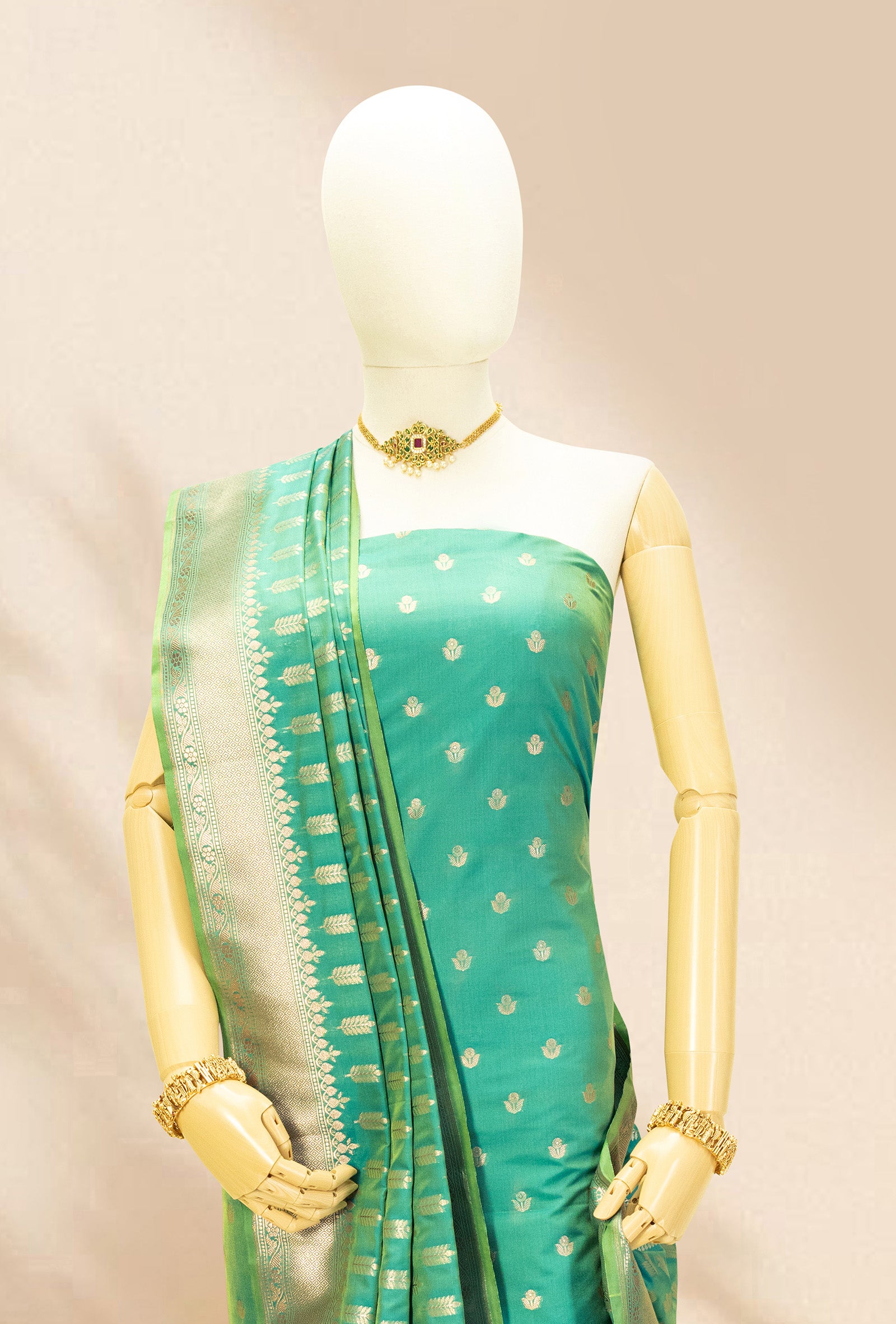 Two Tone Green Banarasi Silk 3-Piece Suit – Kurta, Pure Silk Pant & Dupatta