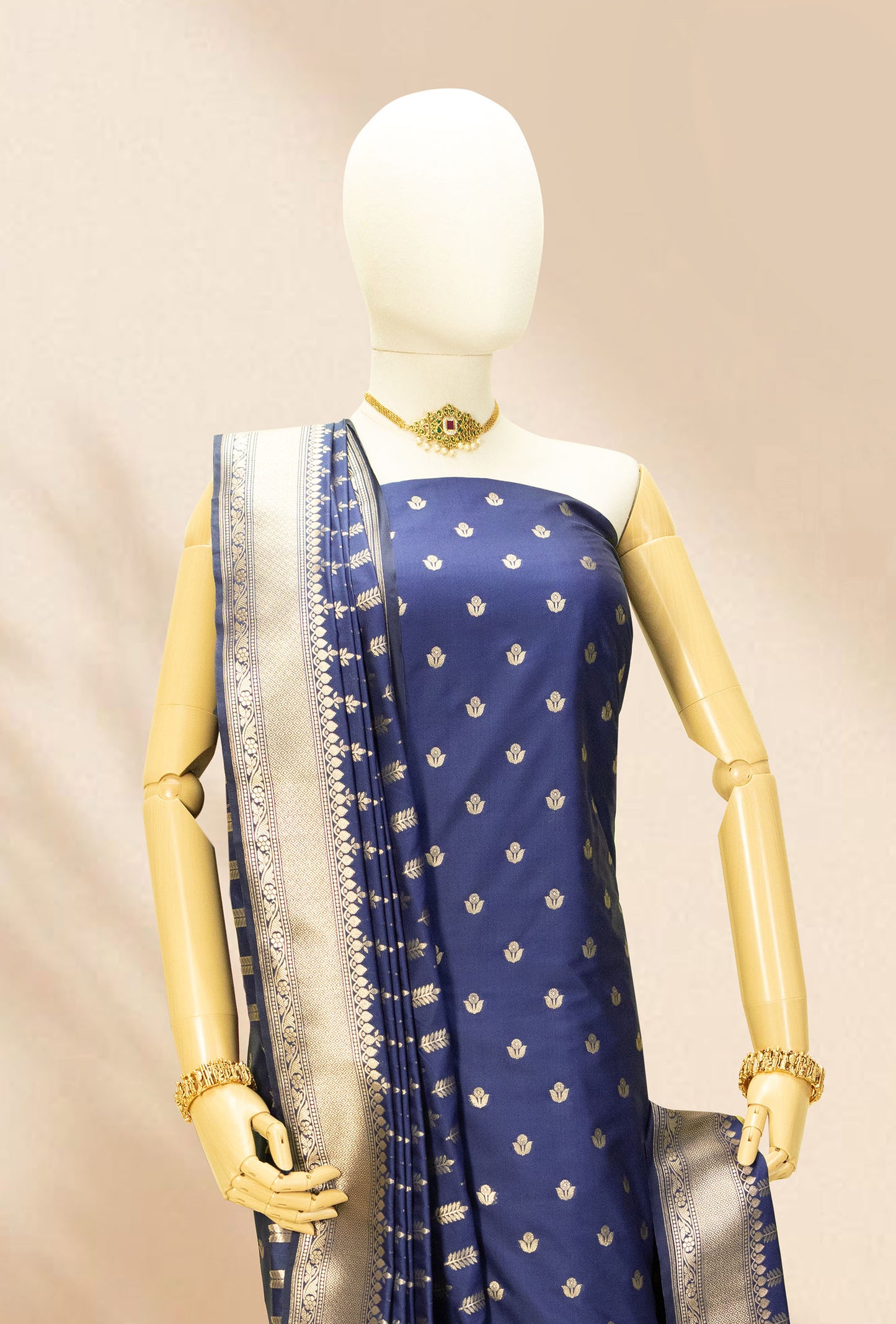 Navy Blue Banarasi Silk 3-Piece Suit – Kurta, Pure Silk Pant & Dupatta
