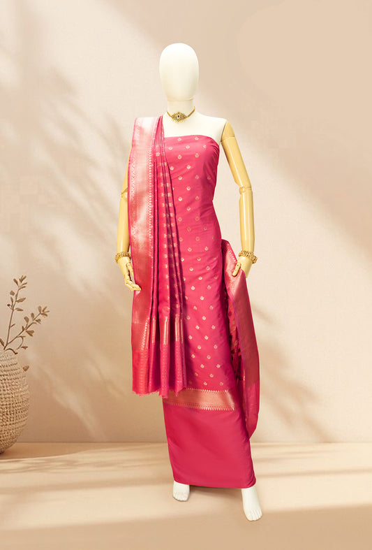 Coral Pink Banarasi Silk 3-Piece Suit – Kurta, Pure Silk Pant & Dupatta