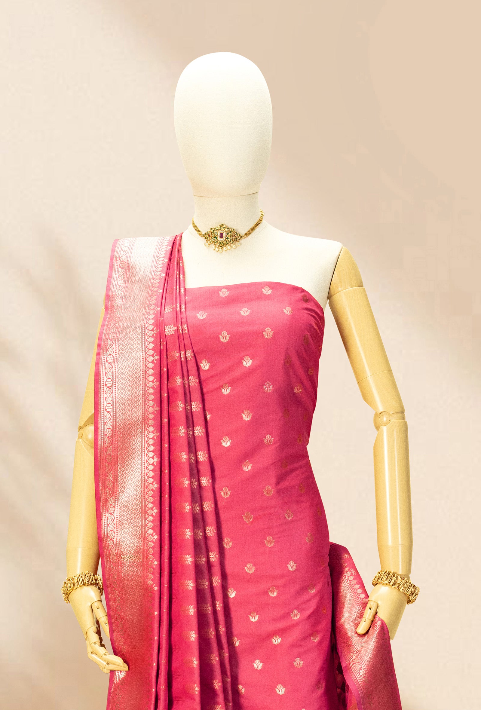 Coral Pink Banarasi Silk 3-Piece Suit – Kurta, Pure Silk Pant & Dupatta